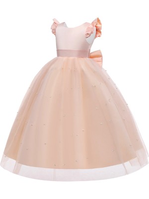 NSM Life Kız Çocuk Somon Renk Uzun Etek Inci Detaylı Yılbaşı Mezuniyet Doğum Günü Parti Abiye Elbise