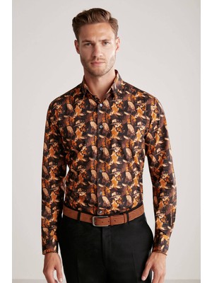 Hemington Yaprak Desen Saf Pamuk Gizli Düğme Siyah-Turuncu Gömlek