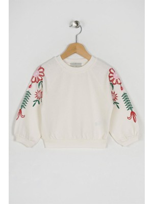 Zepkids Kız Çocuk Ekru Renkli Kolları Çiçek Baskılı Sweatshirt