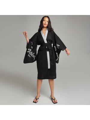 Designer Nagoya Kolları Çiçek Desenli Siyah Vual Kadın Kimono