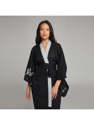 Designer Nagoya Kolları Çiçek Desenli Siyah Vual Kadın Kimono