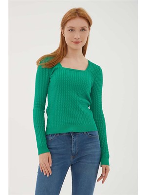 Fashion Friends Kadın Kare Yaka Saç Örgülü Kazak 23K0405K1 Yeşil