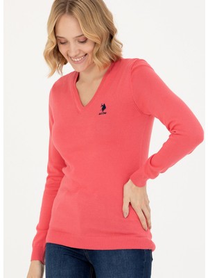 U.S. Polo Assn. V Yaka Slim Fit Pembe Kazak Kadın GTD02-BSK23