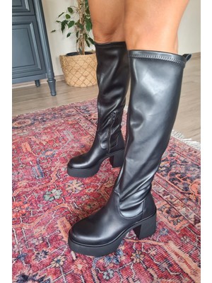 Topukla 022 20696 Topukla Kadın Kalın Taban Deri Topuklu Çizme