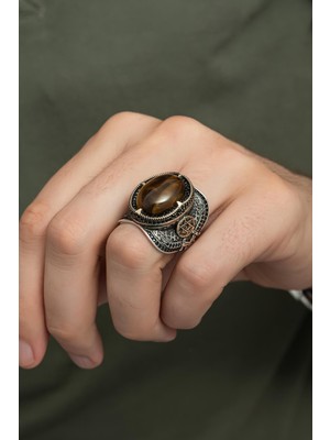 Yüzük Sanatı Kaplan Gözü Taşlı Mührü Süleyman Motifli 925 Gümüş Erkek Yüzük