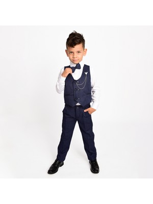 Merdia Kids Erkek Çocuk Smokin Takım Elbise 6 Düğmeli Yelekli Papyonlu Zincirli