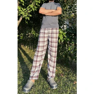 Erkek Pamuklu Cepsiz Ekose Desenli Pijama Altı Eşofman Süp Lacivert Beyaz