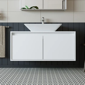 Banos Banyo Roomart Ayaksız 2 Kapaklı Lavabolu Mat Beyaz Mdf 100 Cm Banyo Dolabı