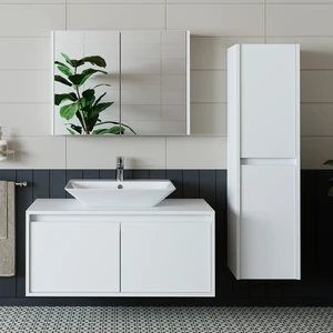 Banos Banyo Roomart Lavabolu Mat Beyaz Mdf 100 Cm Banyo Dolabı + Aynalı Banyo Üst Dolabı + Banyo Boy Dolabı