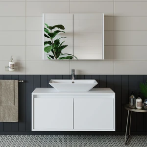 Banos Banyo Roomart Lavabolu Mat Beyaz Mdf 100 Cm Banyo Dolabı + Aynalı Banyo Üst Dolabı