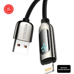 12W Lightning To USB Dijital Ekranlı Hızlı Şarj Kablosu 1.2m (Rosstech Türkiye Garantili)