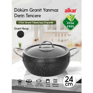 Döküm Granit Çelik Saplı Fırına Girebilir Derin Yemek Tenceresi 24 cm