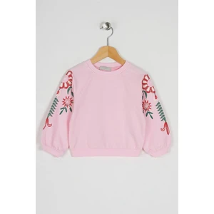 Kız Çocuk Pudra Renkli Kolları Çiçek Baskılı Sweatshirt