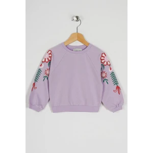 Kız Çocuk Lila Renkli Kolları Çiçek Baskılı Sweatshirt