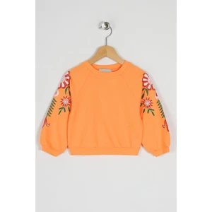 Kız Çocuk Somon Renkli Kolları Çiçek Baskılı Sweatshirt