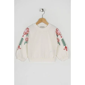 Kız Çocuk Ekru Renkli Kolları Çiçek Baskılı Sweatshirt
