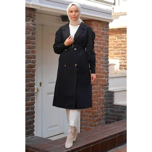 Hafsa Mina Kolu Pileli Trençkot Siyah HM2260