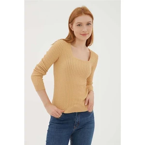 Fashion Friends Kadın Kare Yaka Saç Örgülü Kazak 23K0405K1 Camel