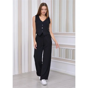 Kadın Keten Kumaş Yelekli Ikili Takım Siyah