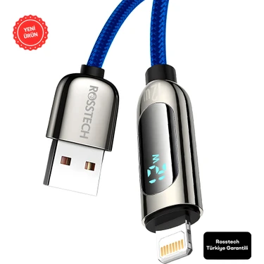 Rosstech 12W Lightning To USB Dijital Ekranlı Hızlı Şarj Kablosu 1.2m (Rosstech Türkiye