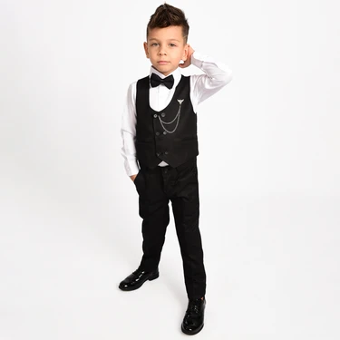 Merdia Kids Erkek Çocuk Smokin Takım Elbise 6 Düğmeli Yelekli Papyonlu