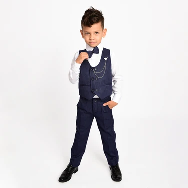 Merdia Kids Erkek Çocuk Smokin Takım Elbise 6 Düğmeli Yelekli Papyonlu