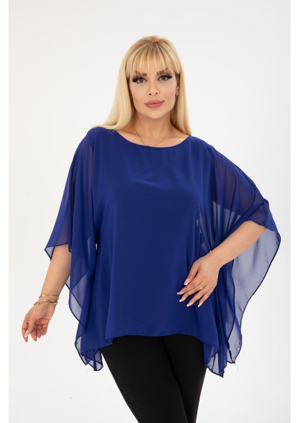 Büyük Beden Saks Şifon Bluz 3A-2403