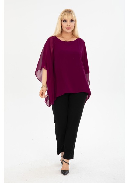 Büyük Beden Mor Şifon Bluz 38E-2405