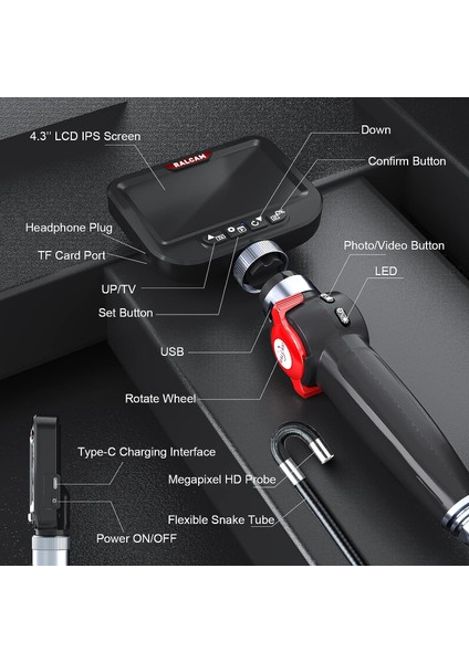 4.3 Inc LCD Ekran, 8.5mm Eklemli Borescope Muayene Kamerası - 1m