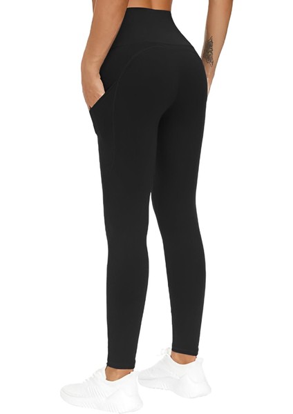 Kadın Yüksek Bel Karın Kontrolü Çift Cepli Yoga Koşu Spor Tayt