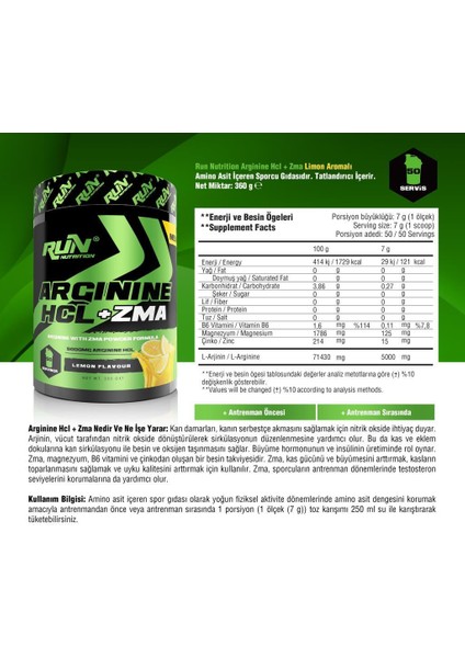 Arginine Hcl + Zma - Limon Aromalı - 50 Servis - 350 gr - 2 Saşe Protein Hediyeli modelleri
