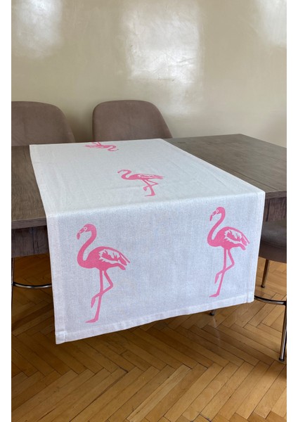 Flamingo Desenli Runner Tahta Baskılı Taş Baskı Buldan Işi Pamuklu Keten Bezi Şömen Ranır Kuşlu