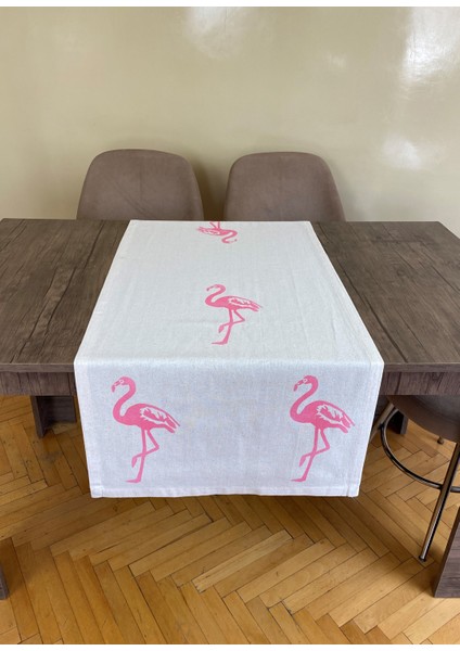 Flamingo Desenli Runner Tahta Baskılı Taş Baskı Buldan Işi Pamuklu Keten Bezi Şömen Ranır Kuşlu fiyatları