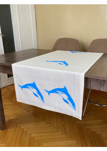 Balina Desenli Runner Tahta Baskılı Taş Baskı Buldan Işi Pamuklu Keten Bezi Şömen Ranır Masa Örtüsü