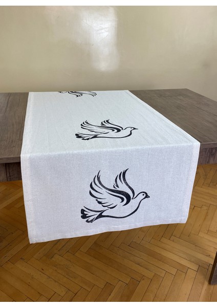 Uçan Kuş Desenli Runner Tahta Baskılı Taş Baskı Buldan Işi Pamuklu Keten Bezi Şömen Ranır Kuşlu Örtü