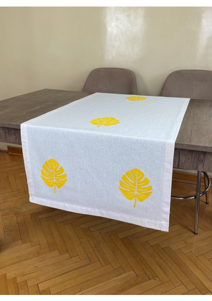 Sarı Devetabanı Yaprak Desenli Runner Tahta Baskılı Taş Baskı Buldan Pamuklu Keten Bezi Şömen Ranır