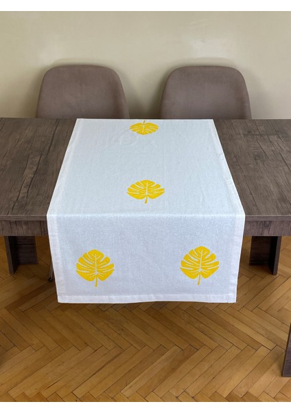Sarı Devetabanı Yaprak Desenli Runner Tahta Baskılı Taş Baskı Buldan Pamuklu Keten Bezi Şömen Ranır fiyatları