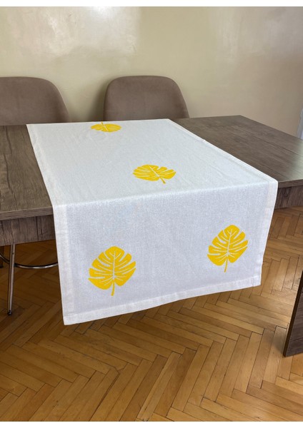 Sarı Devetabanı Yaprak Desenli Runner Tahta Baskılı Taş Baskı Buldan Pamuklu Keten Bezi Şömen Ranır modelleri