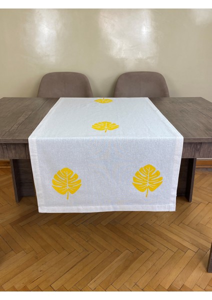 Sarı Devetabanı Yaprak Desenli Runner Tahta Baskılı Taş Baskı Buldan Pamuklu Keten Bezi Şömen Ranır fırsatları