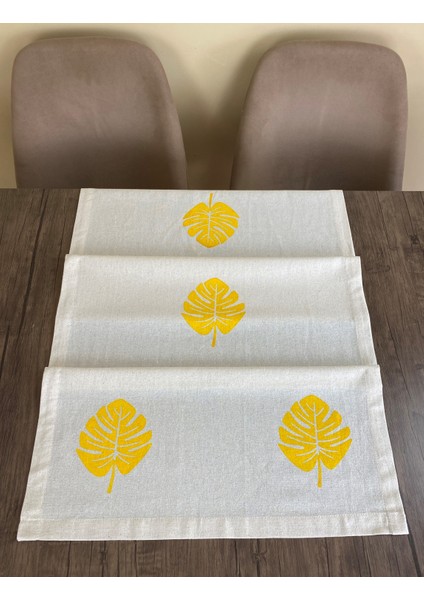 Sarı Devetabanı Yaprak Desenli Runner Tahta Baskılı Taş Baskı Buldan Pamuklu Keten Bezi Şömen Ranır indirimleri