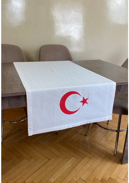 Ay Yıldız Desenli Runner Tahta Baskılı Taş Baskı Buldan Keten Ranır Türkiye Bayrağı - Türk Bayrak
