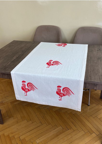 Horoz Desenli Runner Tahta Baskılı Taş Baskı Buldan Işi Pamuklu Keten Bezi Şömen Ranır Horozlu Örtü