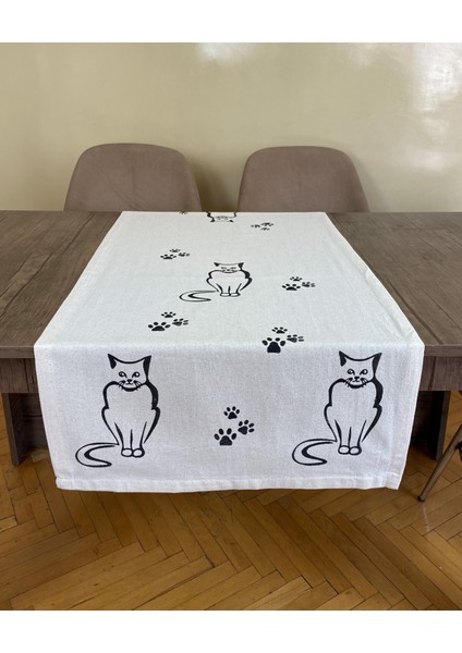 Kedi Desenli Runner Tahta Baskılı Taş Baskı Buldan Işi Pamuk Keten Bezi Şömen Ranır Patili Kedili modelleri