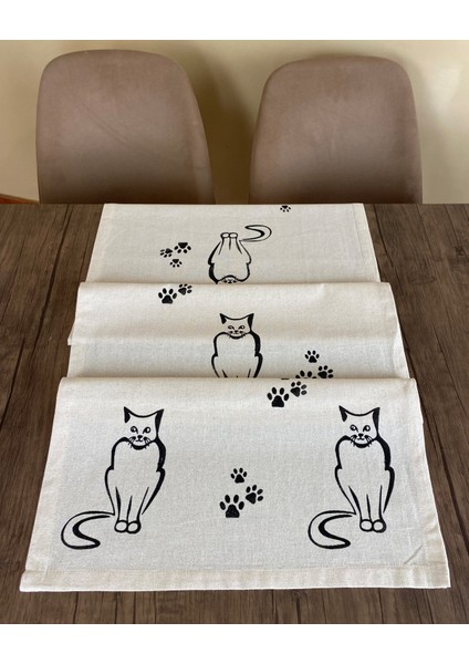 Kedi Desenli Runner Tahta Baskılı Taş Baskı Buldan Işi Pamuk Keten Bezi Şömen Ranır Patili Kedili indirimleri