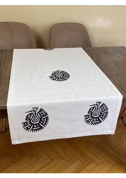 Inka Kuşu Desenli Runner Tahta Baskılı Taş Baskı Buldan Işi Pamuk Keten Bezi Şömen Ranır Kuş - Kuşlu