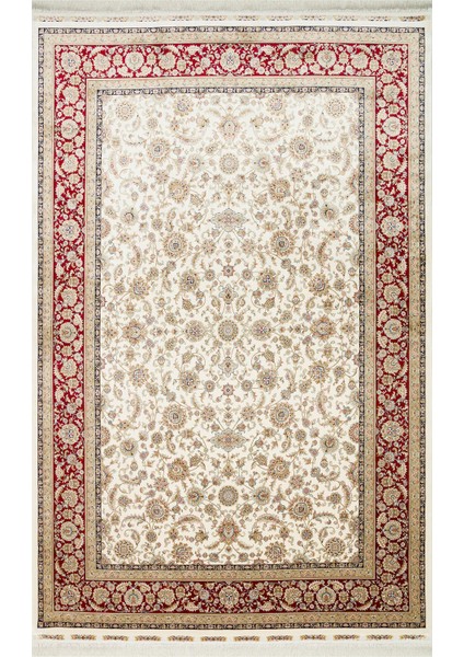 Isfahan Isf 03 Cream Red Klasik Desenli Yumuşak Dokulu Yüksek Kalite 150 Tarak Sık Dokuma Ipek Halı