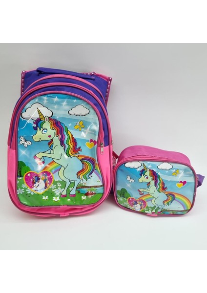 Unicorn Temalı Sırt Çantası Beslenme Çantası 2li Ilkokul Çanta Seti