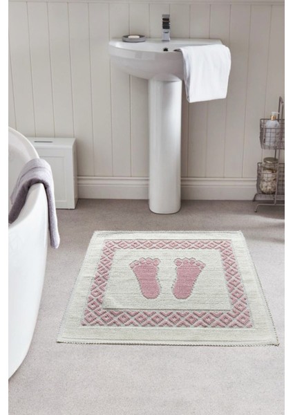 Soffy Doğal Pamuklu Pembe & Krem Ayak Paspası Ayak Havlusu 50X70 cm Banyo Paspası