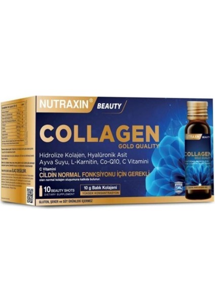 Beauty Gold Collagen 10 x 50 ml Shots Hyalüronik Asit, L-Karnitin, CO-Q10 ve C Vitamini İçeren 10000 mg Balık Kolajenidir