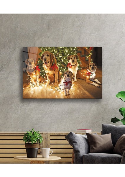 Noel Ağacı Süslü Köpekler Cam Tablo